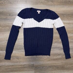 Arizona Jean Company V-Neck Cable Knit Sweater Womens L Navy Blue White Stripe